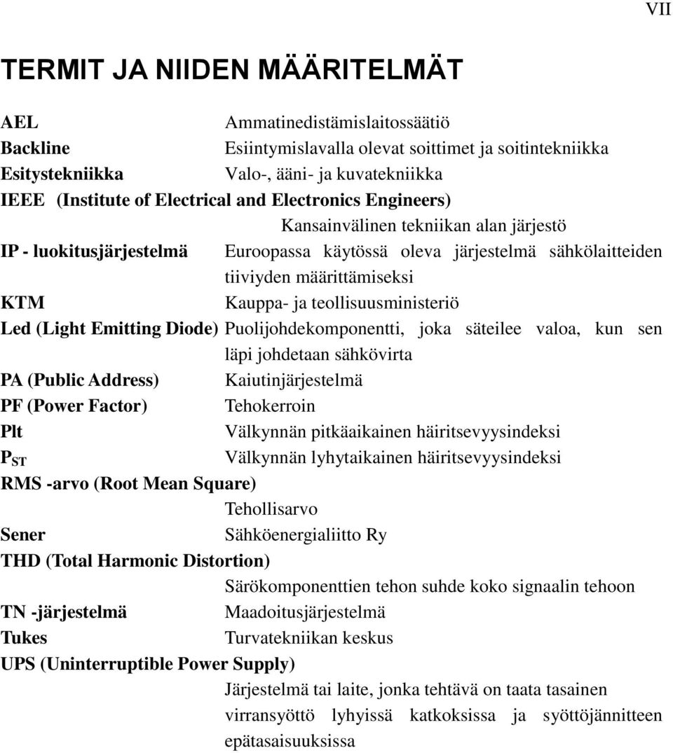 teollisuusministeriö Led (Light Emitting Diode) Puolijohdekomponentti, joka säteilee valoa, kun sen läpi johdetaan sähkövirta PA (Public Address) Kaiutinjärjestelmä PF (Power Factor) Tehokerroin Plt