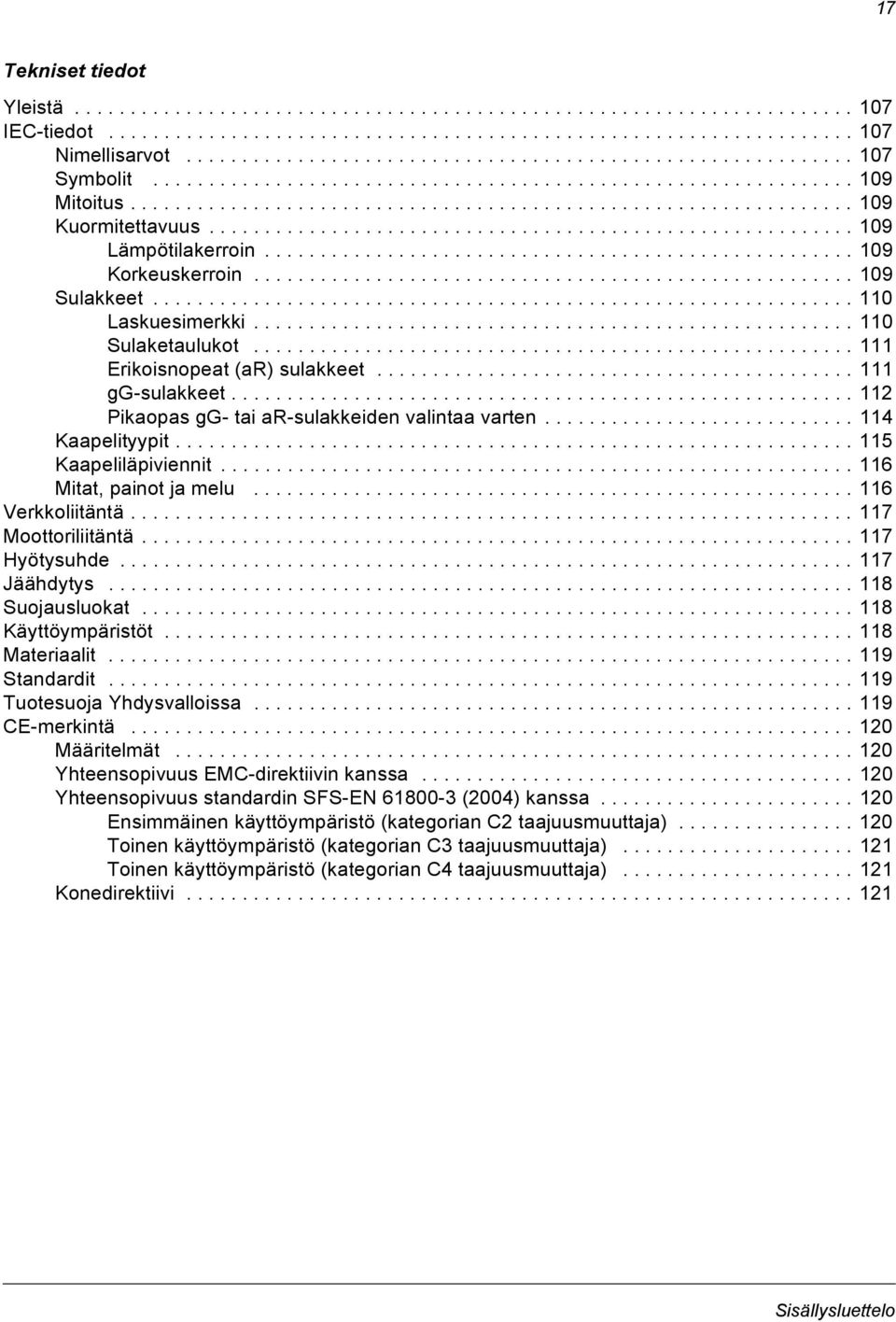 ......................................................... 109 Lämpötilakerroin..................................................... 109 Korkeuskerroin...................................................... 109 Sulakkeet.