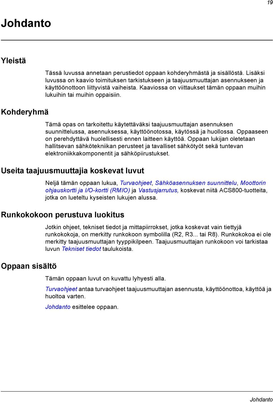 Kohderyhmä Tämä opas on tarkoitettu käytettäväksi taajuusmuuttajan asennuksen suunnittelussa, asennuksessa, käyttöönotossa, käytössä ja huollossa.