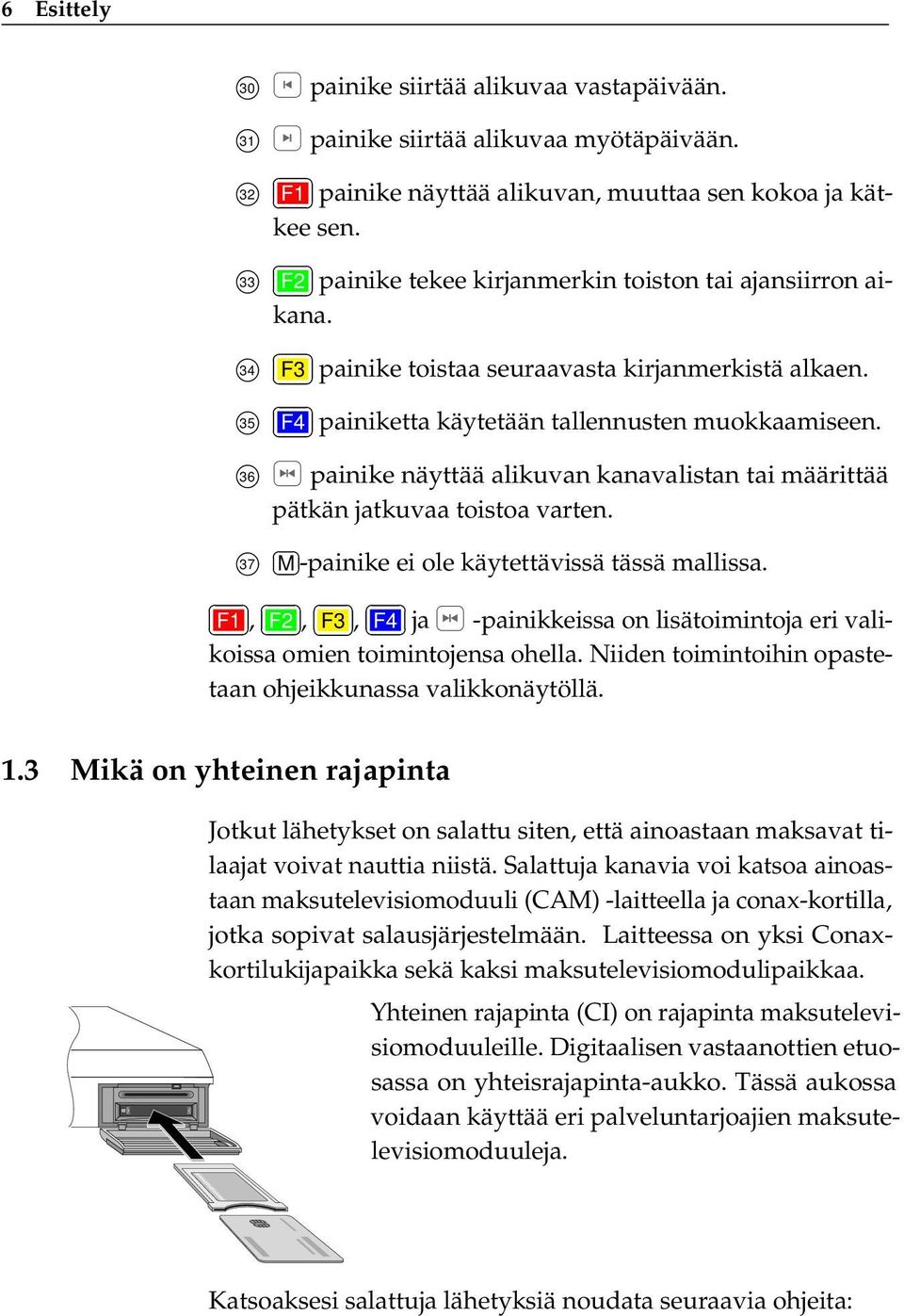 36 painike näyttää alikuvan kanavalistan tai määrittää pätkän jatkuvaa toistoa varten. 37 M -painike ei ole käytettävissä tässä mallissa.