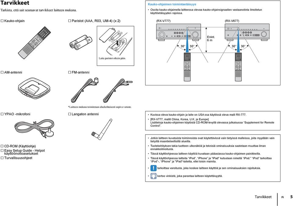 Kauko-ohjain Paristot (AAA, R03, UM-4) (x 2) (RX-V777) (RX-V677) Enint. 6 m 30 30 30 30 Laita paristot oikein päin.