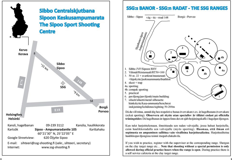 22 + svartkrut/mustaruuti +löpskytte/juoksuammunta/biathlon 4. skeet + trap 4a. sporting 4b. compak sporting 5. practical 6. paviljong/paviljonki/main building 7.