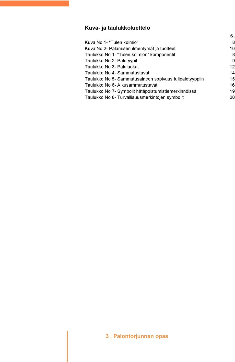 8 Taulukko No 2- Palotyypit 9 Taulukko No 3- Paloluokat 12 Taulukko No 4- Sammutustavat 14 Taulukko No 5-