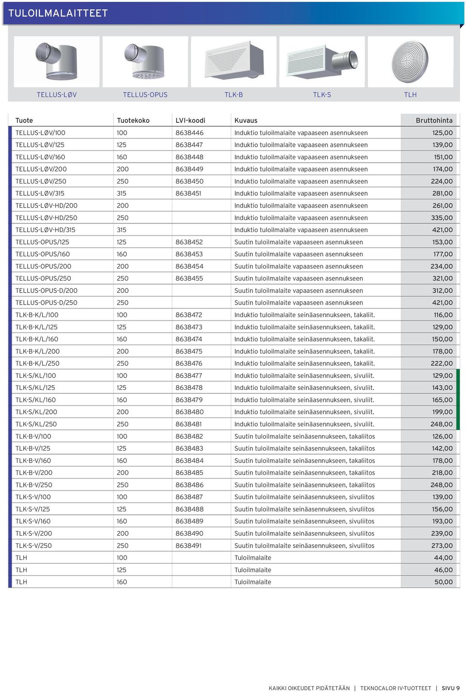 asennukseen 170 TELLUS-LØV/250 250 8638450 Induktio tuloilmalaite vapaaseen asennukseen 220 TELLUS-LØV/315 315 8638451 Induktio tuloilmalaite vapaaseen asennukseen 281,00 TELLUS-LØV-HD/200 200