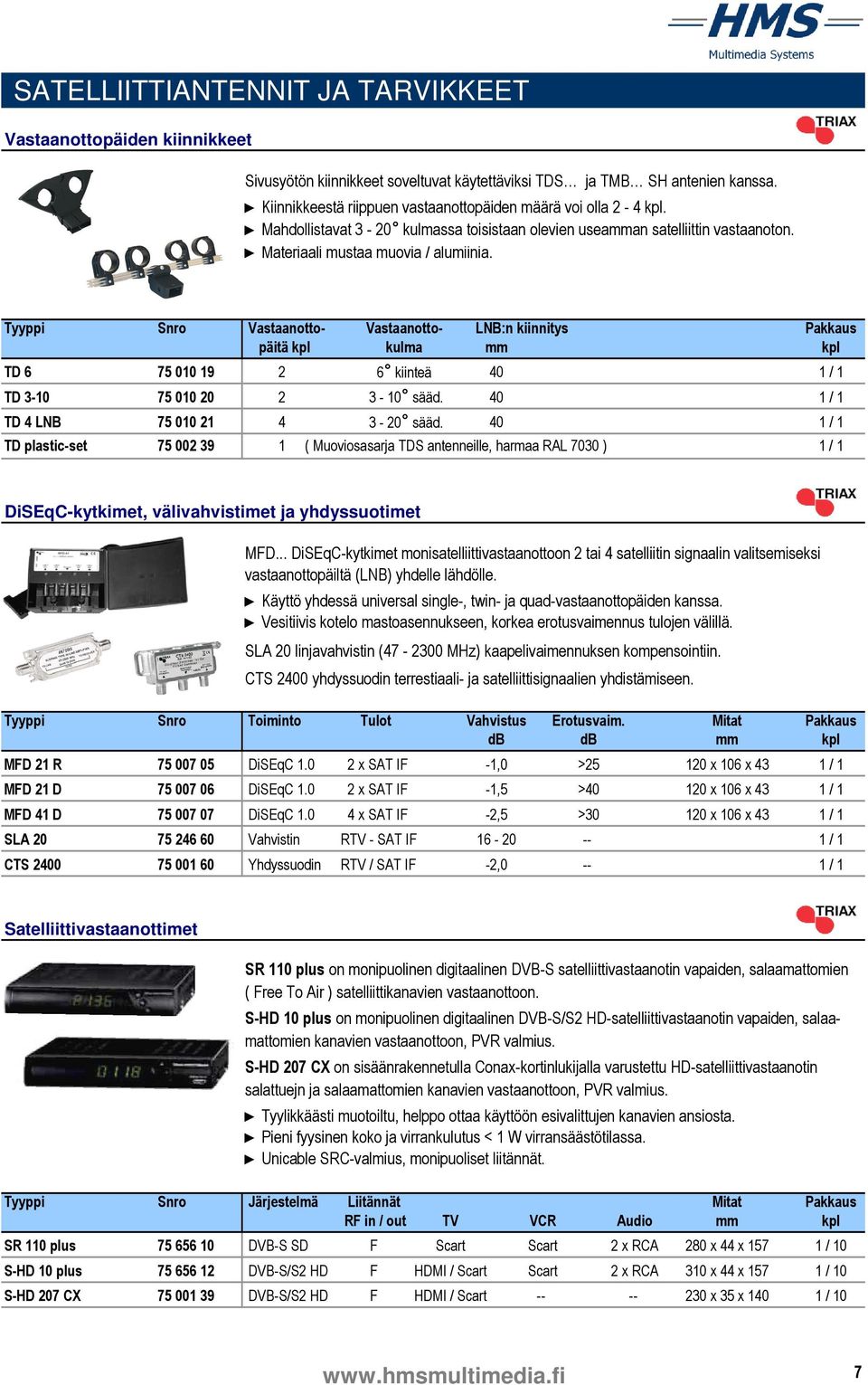 Tyyppi Snro Vastaanotto- Vastaanotto- LNB:n kiinnitys Pakkaus päitä kpl kulma mm kpl TD 6 75 010 19 2 6 kiinteä 40 1 / 1 TD 3-10 75 010 20 2 3-10 sääd. 40 1 / 1 TD 4 LNB 75 010 21 4 3-20 sääd.
