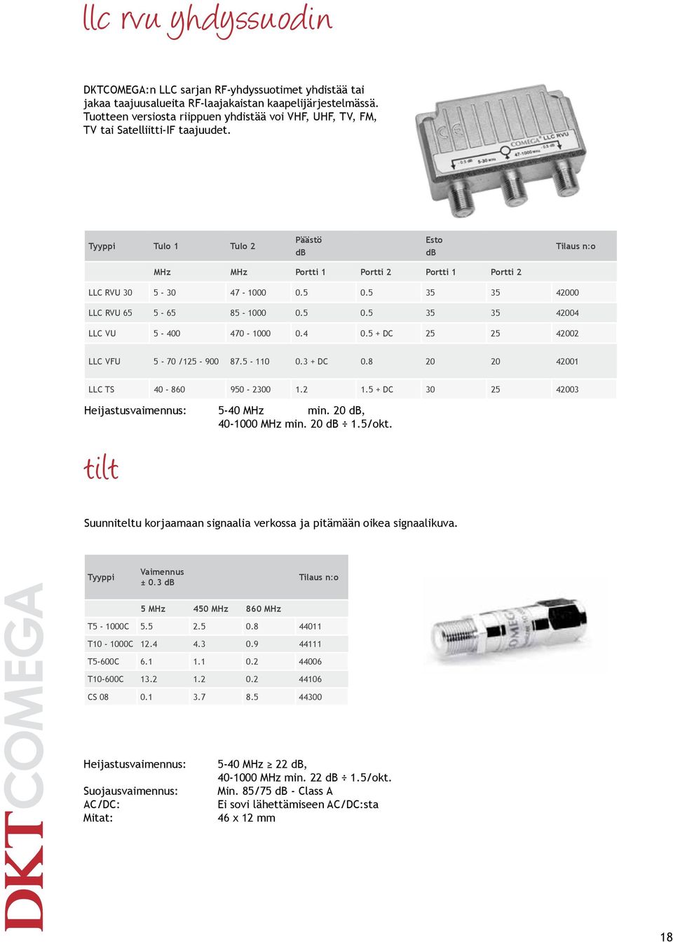 Tyyppi Tulo 1 Tulo 2 Päästö Esto Tilaus n:o MHz MHz Portti 1 Portti 2 Portti 1 Portti 2 LLC RVU 30 5-30 47-1000 0.5 0.5 35 35 42000 LLC RVU 65 5-65 85-1000 0.5 0.5 35 35 42004 LLC VU 5-400 470-1000 0.
