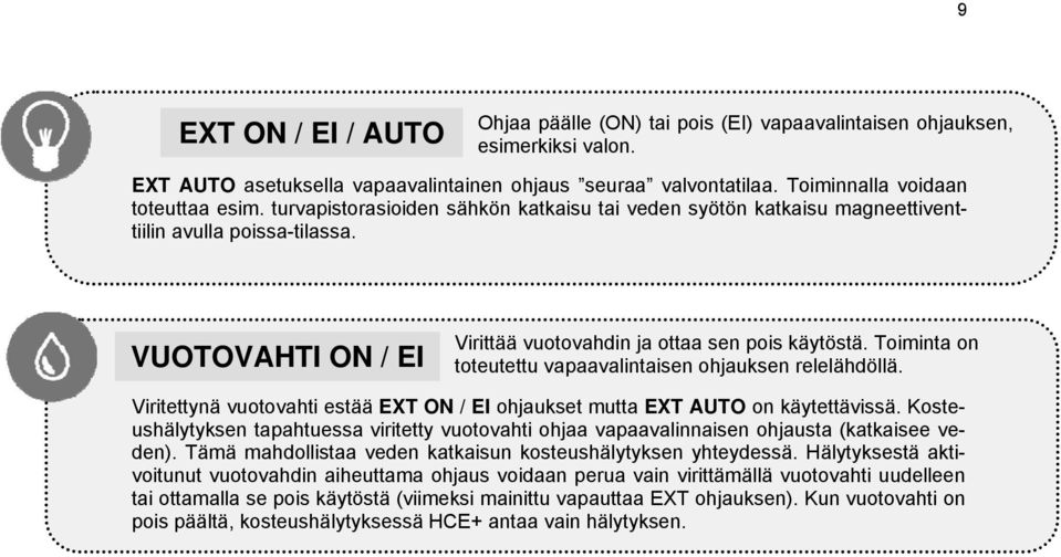 VUOTOVAHTI ON / EI Virittää vuotovahdin ja ottaa sen pois käytöstä. Toiminta on toteutettu vapaavalintaisen ohjauksen relelähdöllä.