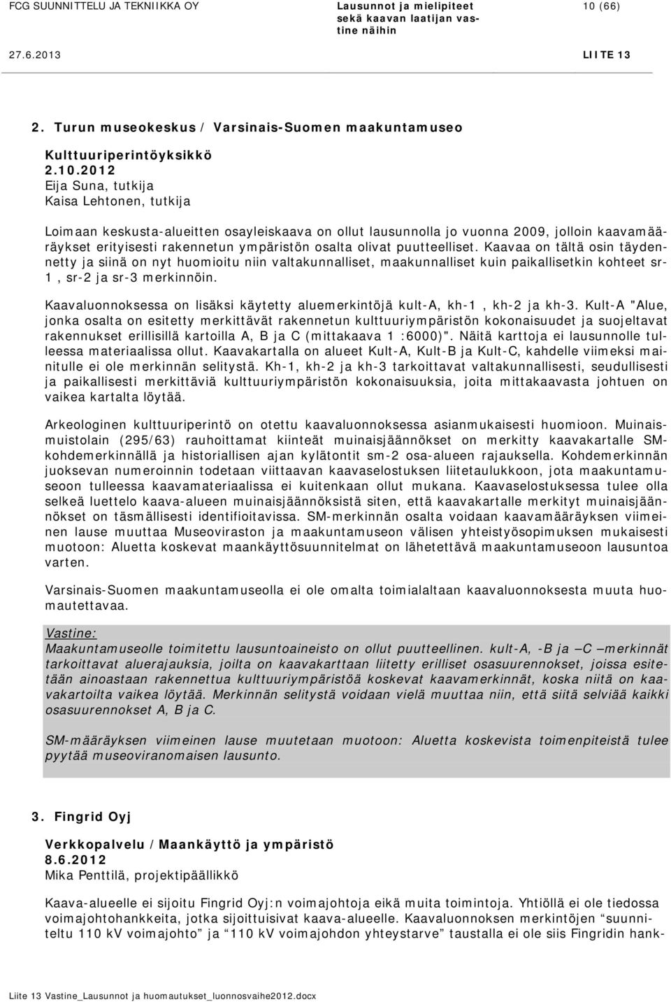 2012 Eija Suna, tutkija Kaisa Lehtonen, tutkija Loimaan keskusta-alueitten osayleiskaava on ollut lausunnolla jo vuonna 2009, jolloin kaavamääräykset erityisesti rakennetun ympäristön osalta olivat