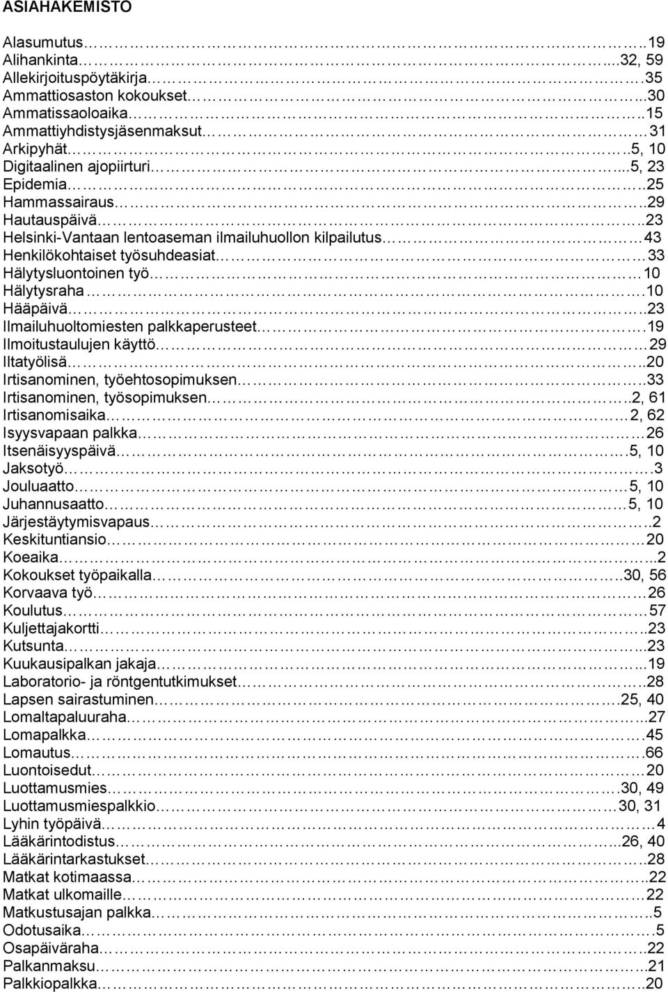 .23 Ilmailuhuoltomiesten palkkaperusteet.19 Ilmoitustaulujen käyttö 29 Iltatyölisä..20 Irtisanominen, työehtosopimuksen..33 Irtisanominen, työsopimuksen.