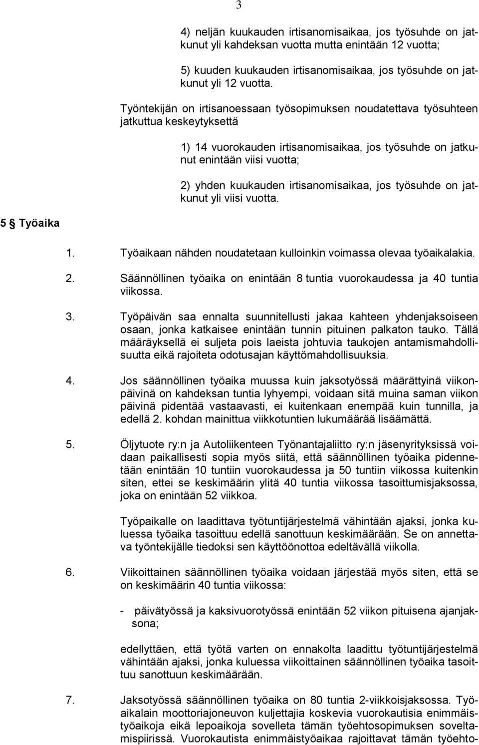 irtisanomisaikaa, jos työsuhde on jatkunut yli viisi vuotta. 5 Työaika 1. Työaikaan nähden noudatetaan kulloinkin voimassa olevaa työaikalakia. 2.