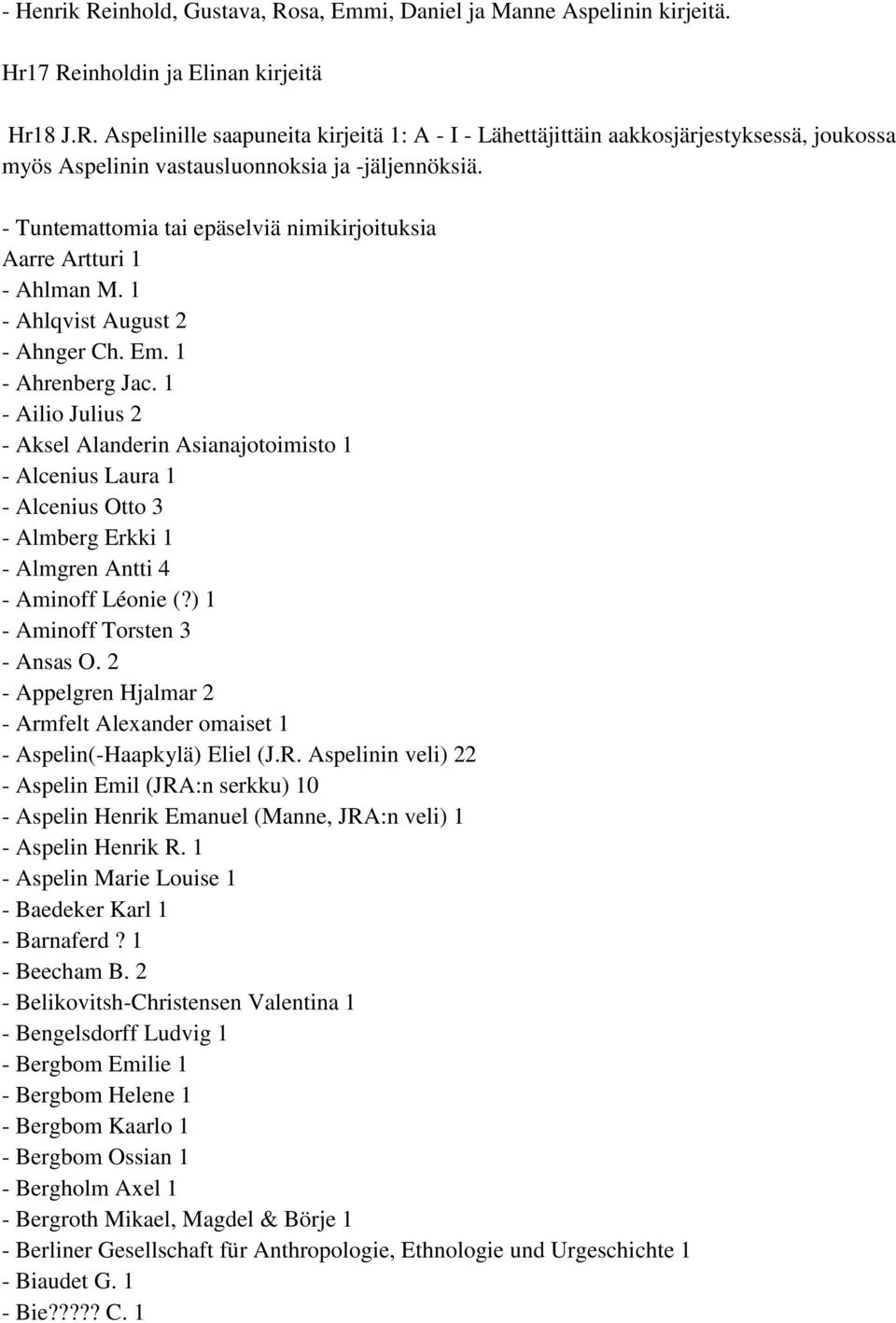 1 - Ailio Julius 2 - Aksel Alanderin Asianajotoimisto 1 - Alcenius Laura 1 - Alcenius Otto 3 - Almberg Erkki 1 - Almgren Antti 4 - Aminoff Léonie (?) 1 - Aminoff Torsten 3 - Ansas O.