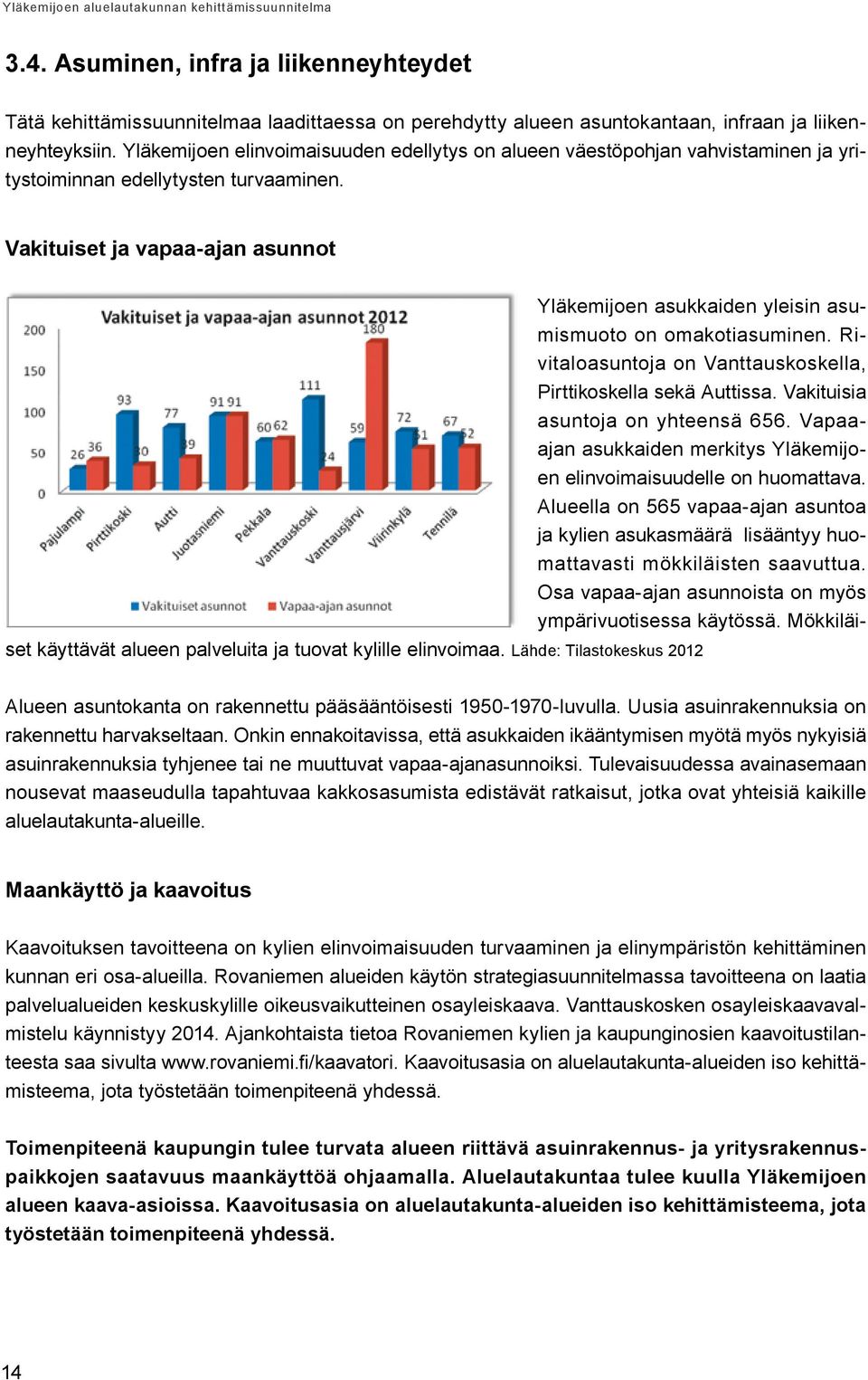 Vakituiset ja vapaa-ajan asunnot Yläkemijoen asukkaiden yleisin asumismuoto on omakotiasuminen. Rivitaloasuntoja on Vanttauskoskella, Pirttikoskella sekä Auttissa. Vakituisia asuntoja on yhteensä 656.