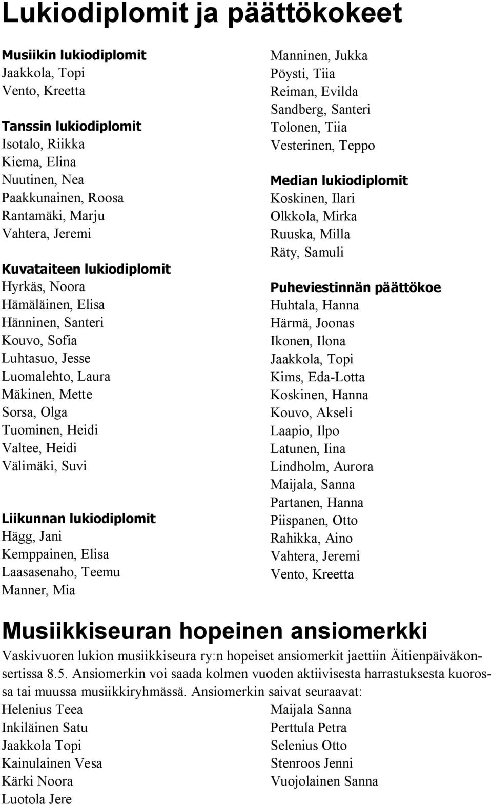 Suvi Liikunnan lukiodiplomit Hägg, Jani Kemppainen, Elisa Laasasenaho, Teemu Manner, Mia Manninen, Jukka Pöysti, Tiia Reiman, Evilda Sandberg, Santeri Tolonen, Tiia Vesterinen, Teppo Median