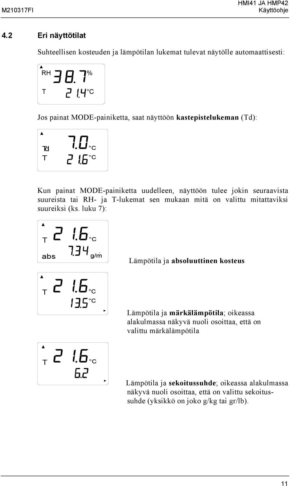 Td C T C Kun painat MODE-painiketta uudelleen, näyttöön tulee jokin seuraavista suureista tai - ja T-lukemat sen mukaan mitä on valittu mitattaviksi suureiksi (ks.