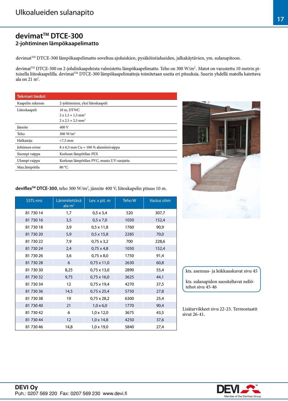 devimat TM DTCE-300 lämpökaapelimattoja toimitetaan useita eri pituuksia. Suurin yhdellä matolla katettava ala on 21 m 2.