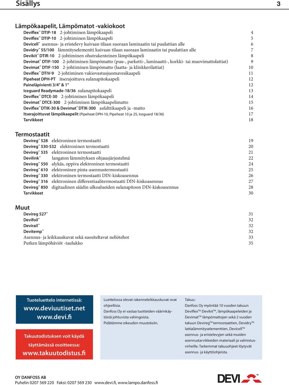 2-johtiminen lämpömatto (puu-, parketti-, laminaatti-, korkki- tai muovimattolattiat) 9 Devimat DTIF-150 2-johtiminen lämpömatto (laatta- ja klinkkerilattiat) 10 Deviflex DTIV-9 2-johtiminen