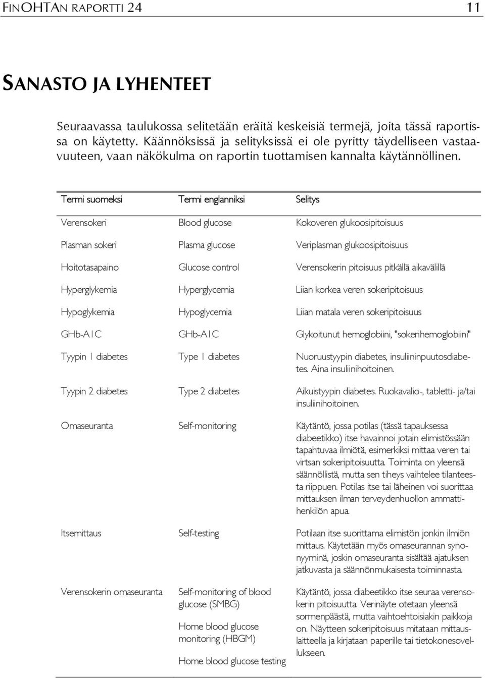 Termi suomeksi Termi englanniksi Selitys Verensokeri Blood glucose Kokoveren glukoosipitoisuus Plasman sokeri Plasma glucose Veriplasman glukoosipitoisuus Hoitotasapaino Glucose control Verensokerin