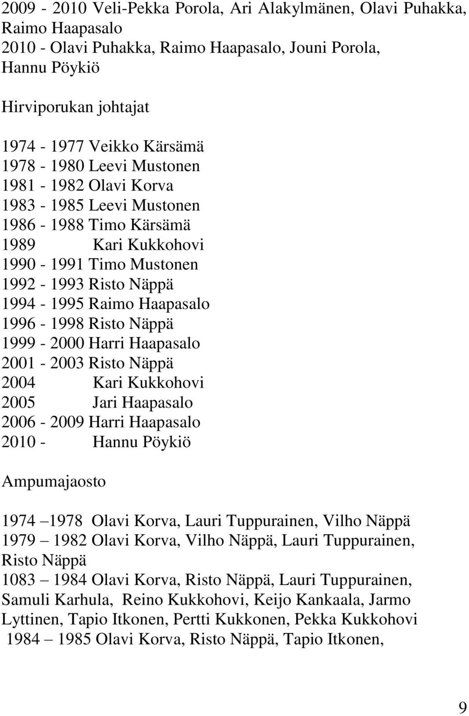 1999-2000 Harri Haapasalo 2001-2003 Risto Näppä 2004 Kari Kukkohovi 2005 Jari Haapasalo 2006-2009 Harri Haapasalo 2010 - Hannu Pöykiö Ampumajaosto 1974 1978 Olavi Korva, Lauri Tuppurainen, Vilho