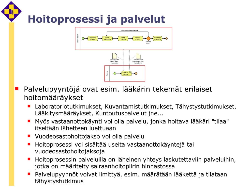 .. Myös vastaanottokäynti voi olla palvelu, jonka hoitava lääkäri "tilaa" itseltään lähetteen luettuaan Vuodeosastohoitojakso voi olla palvelu Hoitoprosessi voi