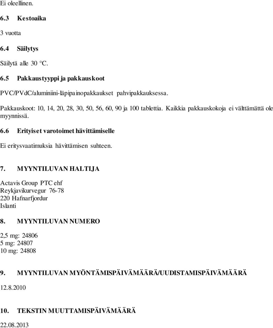 7. MYYNTILUVAN HALTIJA Actavis Group PTC ehf Reykjavikurvegur 76-78 220 Hafnarfjordur Islanti 8. MYYNTILUVAN NUMERO 2,5 mg: 24806 5 mg: 24807 10 mg: 24808 9.