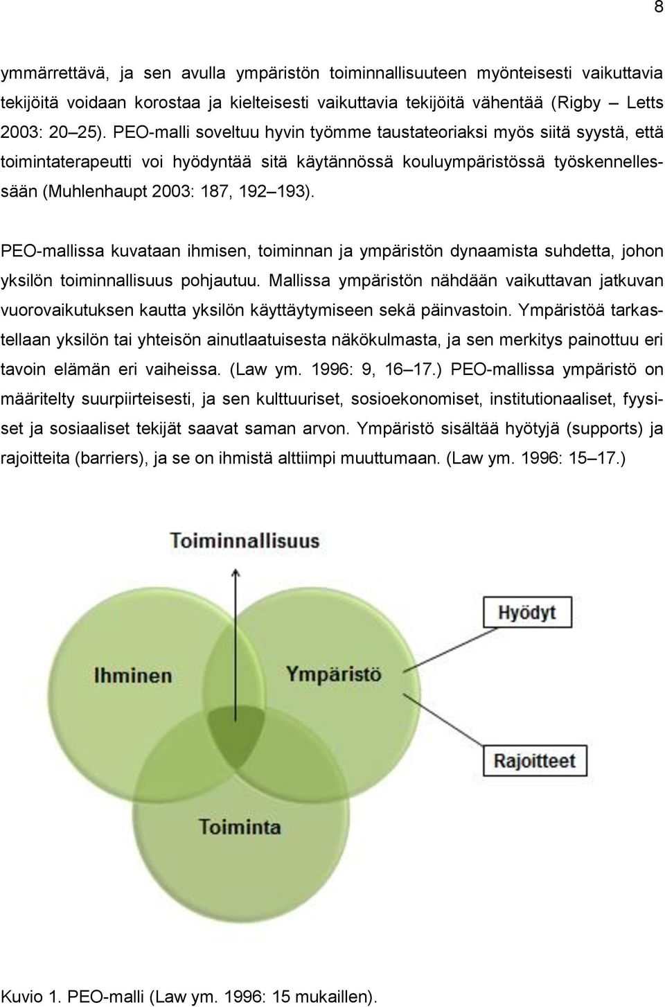 PEO-mallissa kuvataan ihmisen, toiminnan ja ympäristön dynaamista suhdetta, johon yksilön toiminnallisuus pohjautuu.