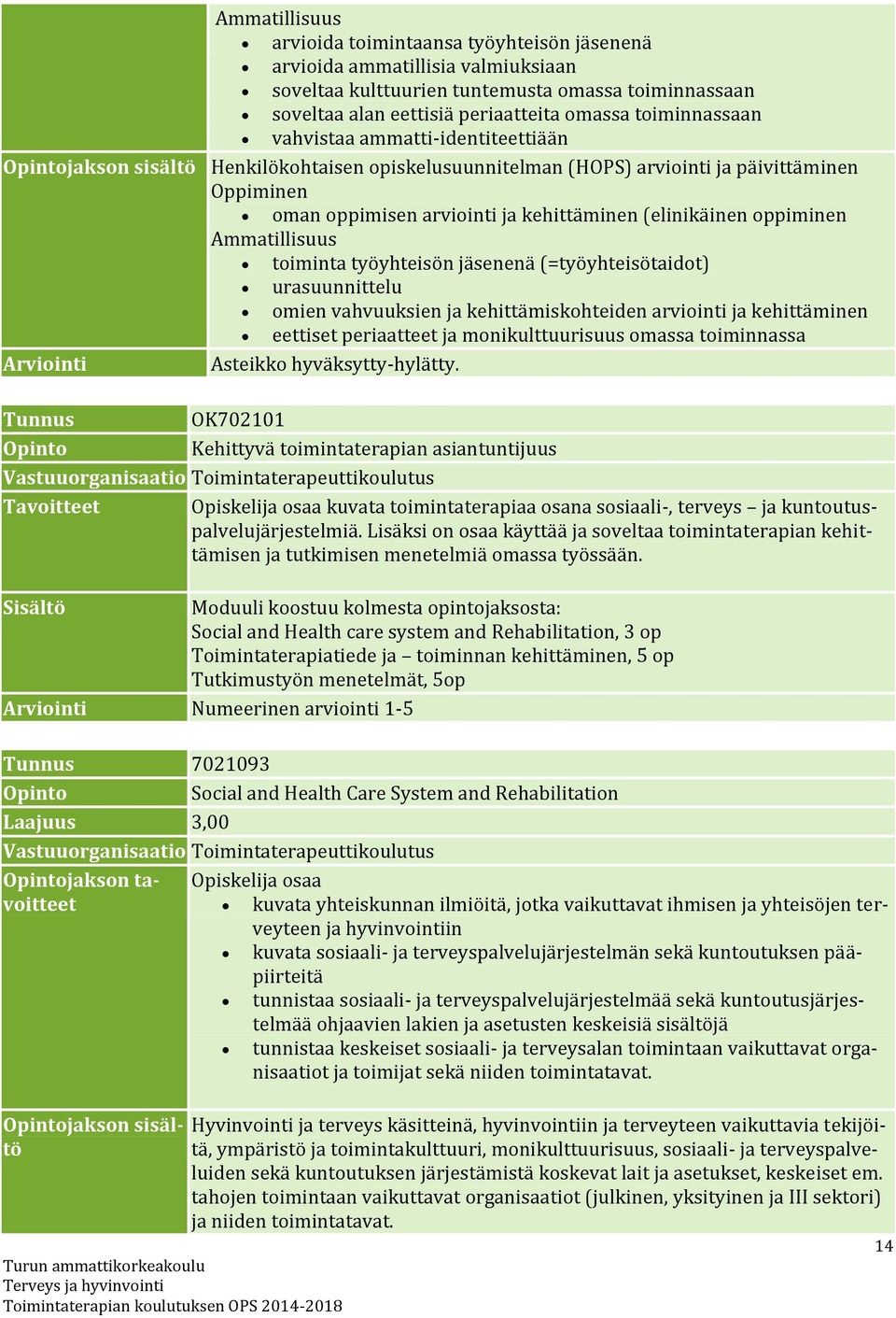 oppiminen Ammatillisuus toiminta työyhteisön jäsenenä (=työyhteisötaidot) urasuunnittelu omien vahvuuksien ja kehittämiskohteiden arviointi ja kehittäminen eettiset periaatteet ja monikulttuurisuus