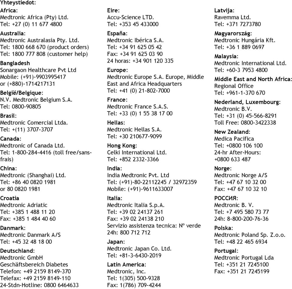 Tel: 1800 668 670 (product orders) Tel: 1800 777 808 (customer help) Bangladesh Sonargaon Healthcare Pvt Ltd Mobile: (+91)-9903995417 or (+880)-1714217131 België/Belgique: N.V. Medtronic Belgium S.A.