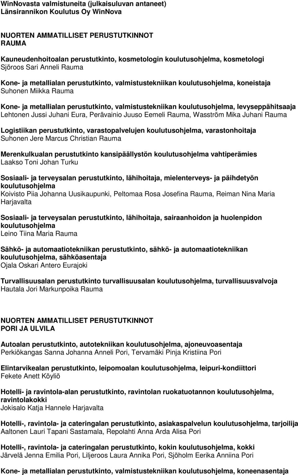 Eura, Perävainio Juuso Eemeli Rauma, Wasström Mika Juhani Rauma Logistiikan perustutkinto, varastopalvelujen, varastonhoitaja Suhonen Jere Marcus Christian Rauma Merenkulkualan perustutkinto