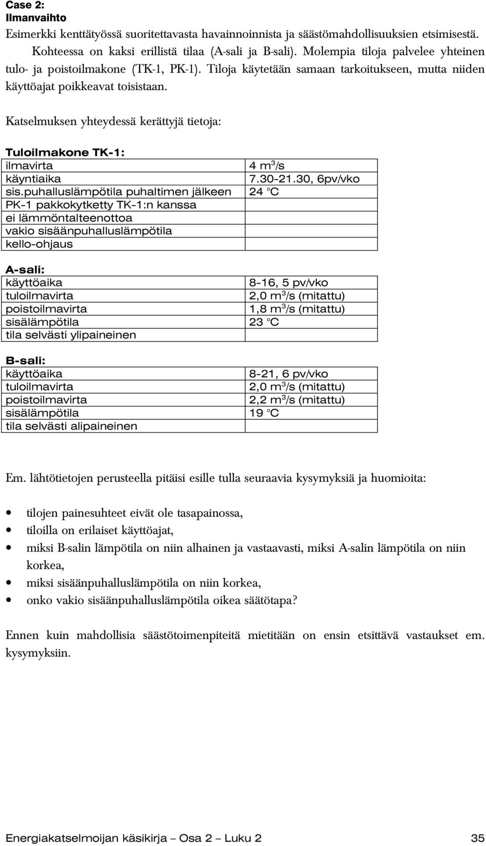 Katselmuksen yhteydessä kerättyjä tietoja: Tuloilmakone TK-1: ilmavirta 4 m 3 /s käyntiaika 7.30-21.30, 6pv/vko sis.