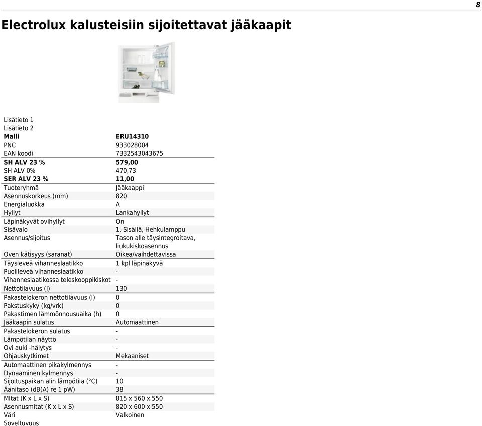 vihanneslaatikko Vihanneslaatikossa teleskooppikiskot Nettotilavuus (l) 13 Pakastelokeron nettotilavuus (l) Pakstuskyky (kg/vrk) Pakastimen lämmönnousuaika (h) Jääkaapin sulatus utomaattinen