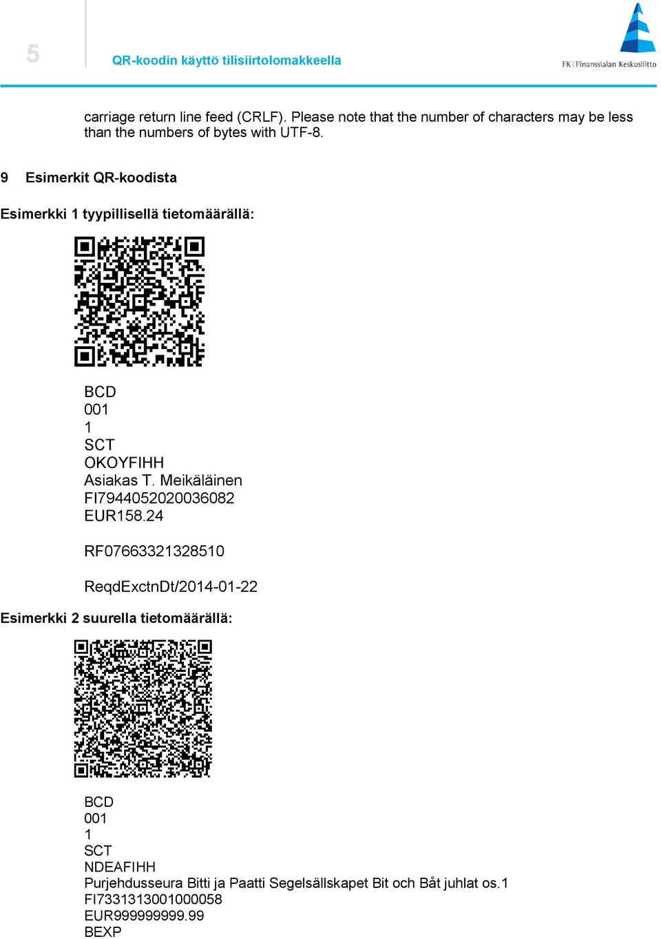 9 Esimerkit QR-koodista Esimerkki 1 tyypillisellä tietomäärällä: BCD 001 1 SCT OKOYFIHH Asiakas T.