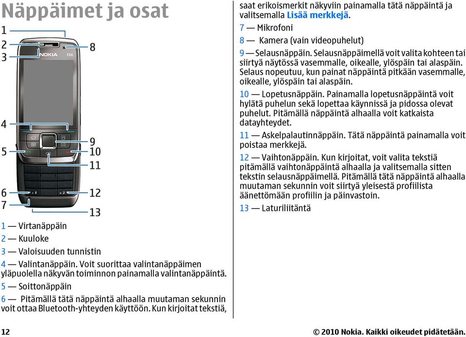 10 Lopetusnäppäin. Painamalla lopetusnäppäintä voit hylätä puhelun sekä lopettaa käynnissä ja pidossa olevat puhelut. Pitämällä näppäintä alhaalla voit katkaista datayhteydet. 11 Askelpalautinnäppäin.