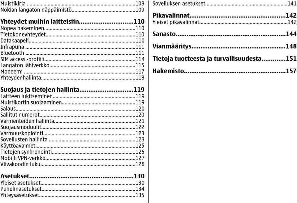 ..148 Tietoja tuotteesta ja turvallisuudesta...151 Hakemisto...157 Suojaus ja tietojen hallinta...119 Laitteen lukitseminen...119 Muistikortin suojaaminen...119 Salaus...120 Sallitut numerot.