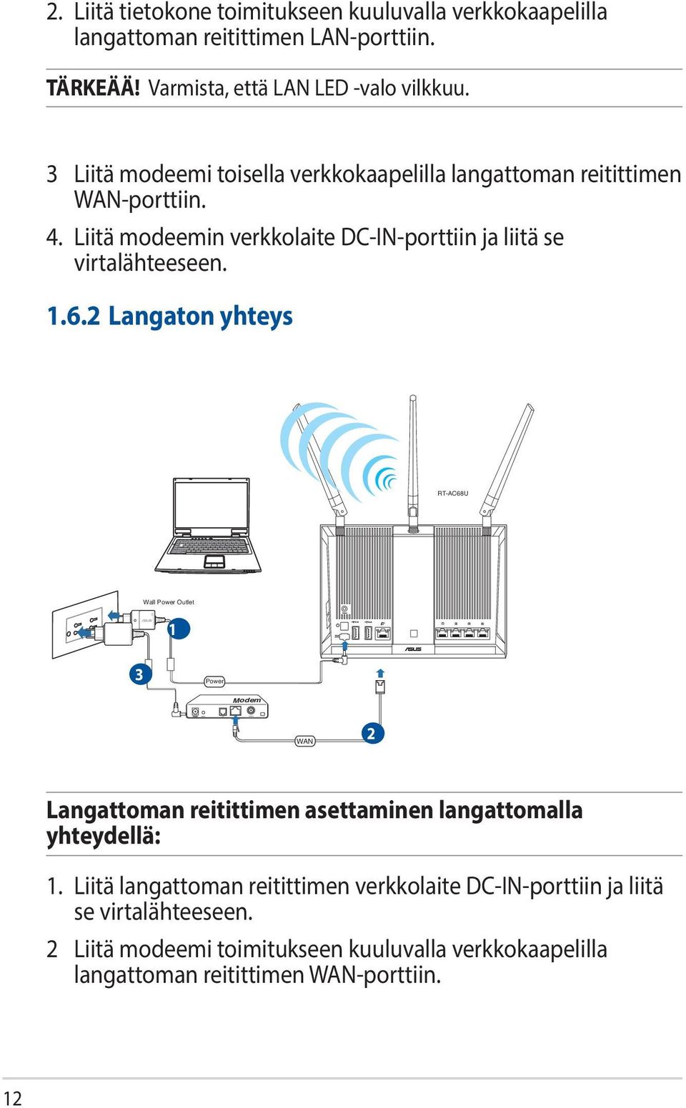 1.6.2 Langaton yhteys RT-AC68U Wall Power Outlet 1 3 Power Modem WAN 2 Langattoman reitittimen asettaminen langattomalla yhteydellä: 1.