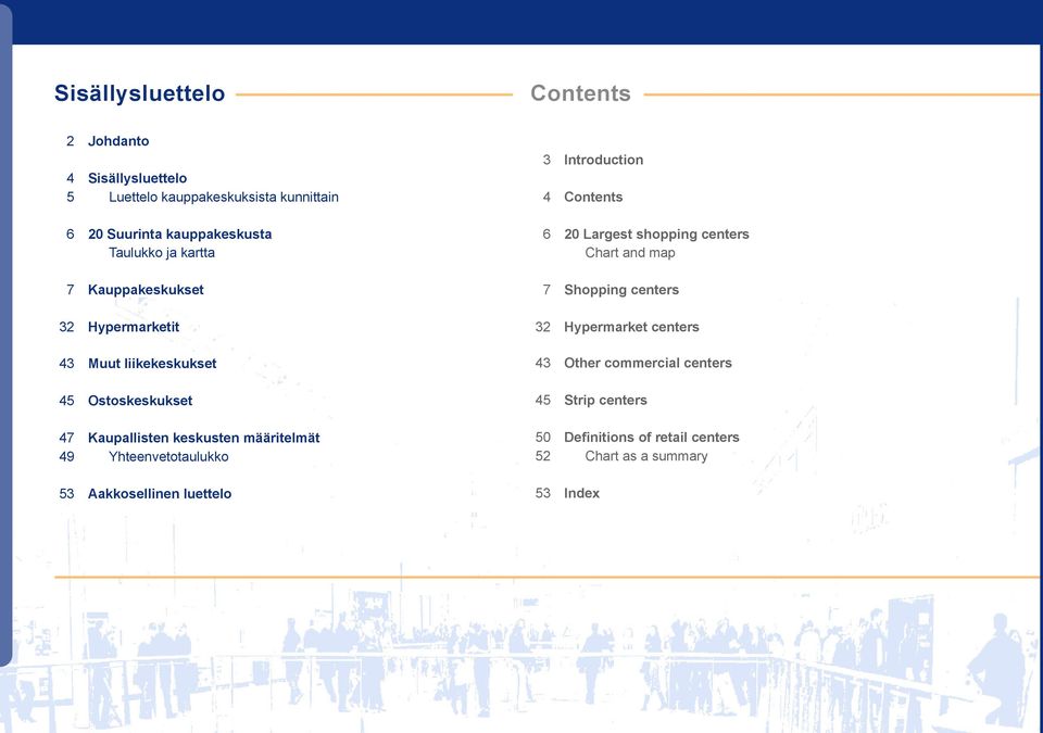 määritelmät 49 Yhteenvetotaulukko 53 Aakkosellinen luettelo 3 Introduction 4 Contents 6 20 Largest shopping centers Chart and map 7