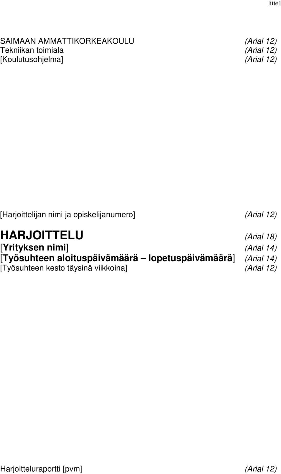 HARJOITTELU (Arial 18) [Yrityksen nimi] (Arial 14) [Työsuhteen aloituspäivämäärä