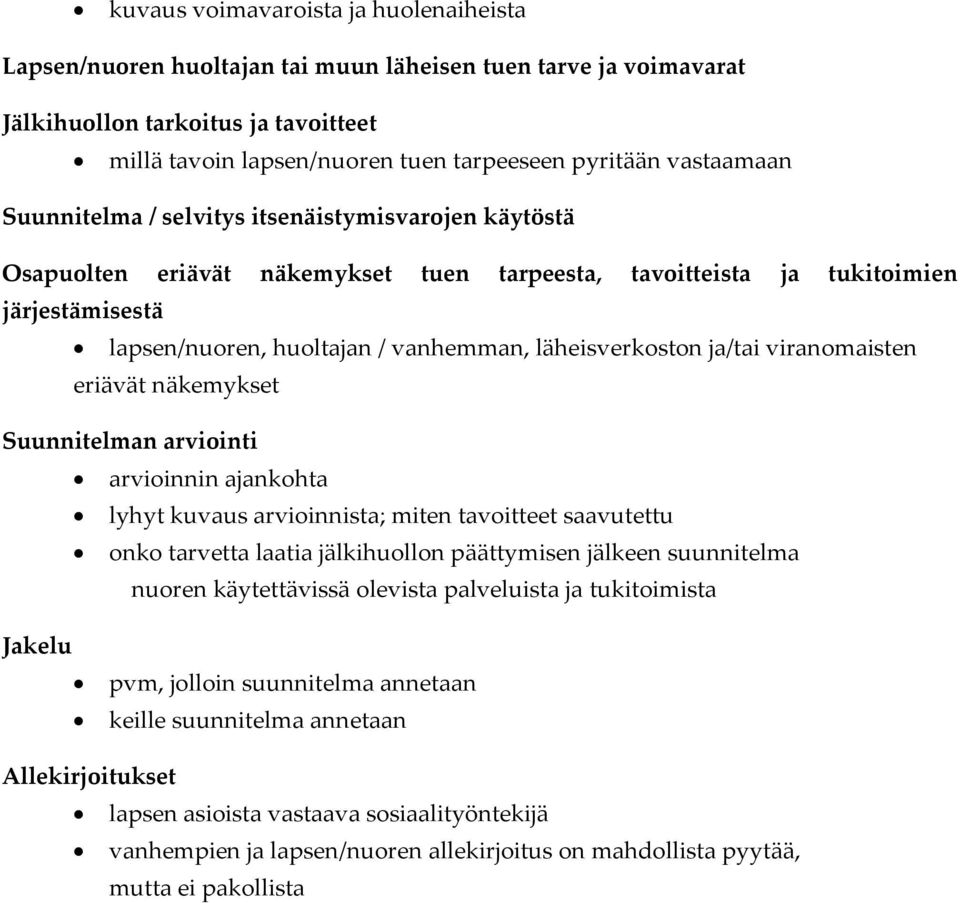 läheisverkoston ja/tai viranomaisten eriävät näkemykset Suunnitelman arviointi arvioinnin ajankohta lyhyt kuvaus arvioinnista; miten tavoitteet saavutettu onko tarvetta laatia jälkihuollon