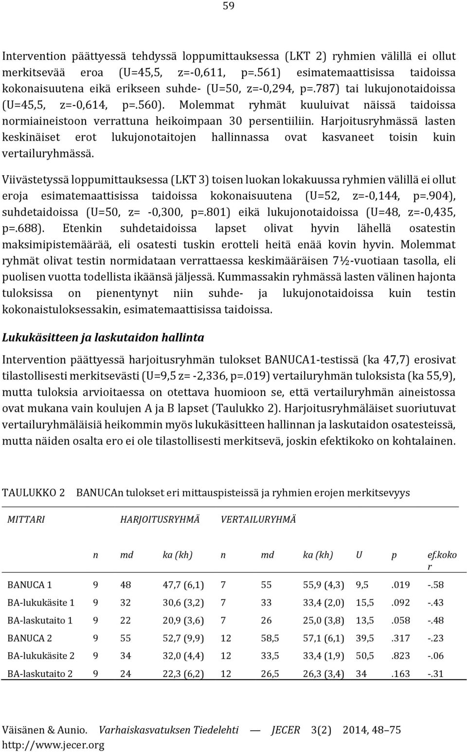 Molemmat ryhmät kuuluivat näissä taidoissa normiaineistoon verrattuna heikoimpaan 30 persentiiliin.