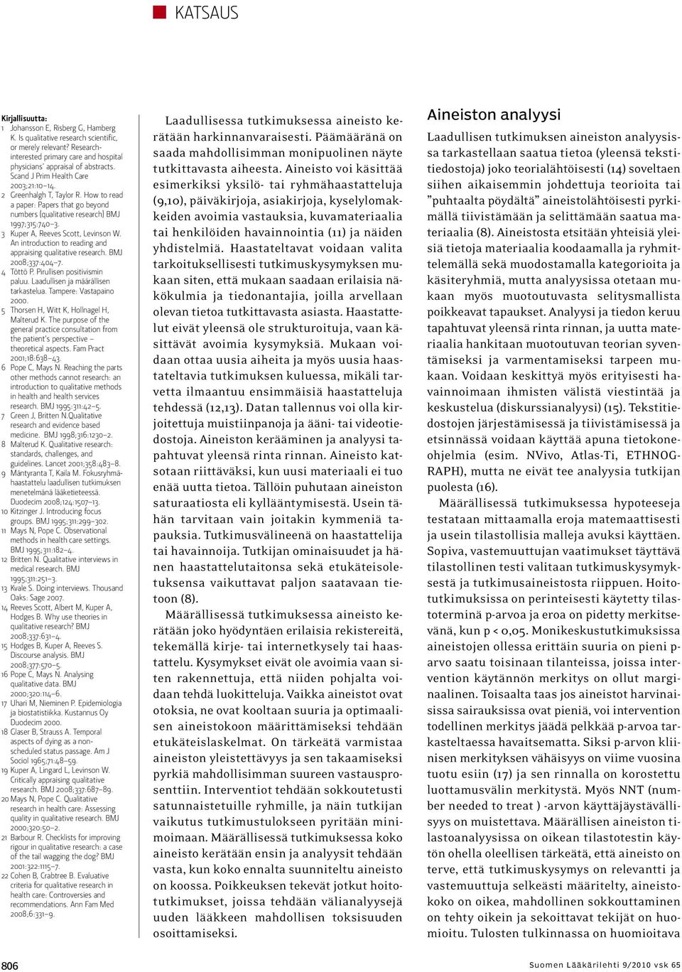 An introduction to reading and appraising qualitative research. BMJ 2008;337:404 7. 4 Töttö P. Pirullisen positivismin paluu. Laadullisen ja määrällisen tarkastelua. Tampere: Vastapaino 2000.