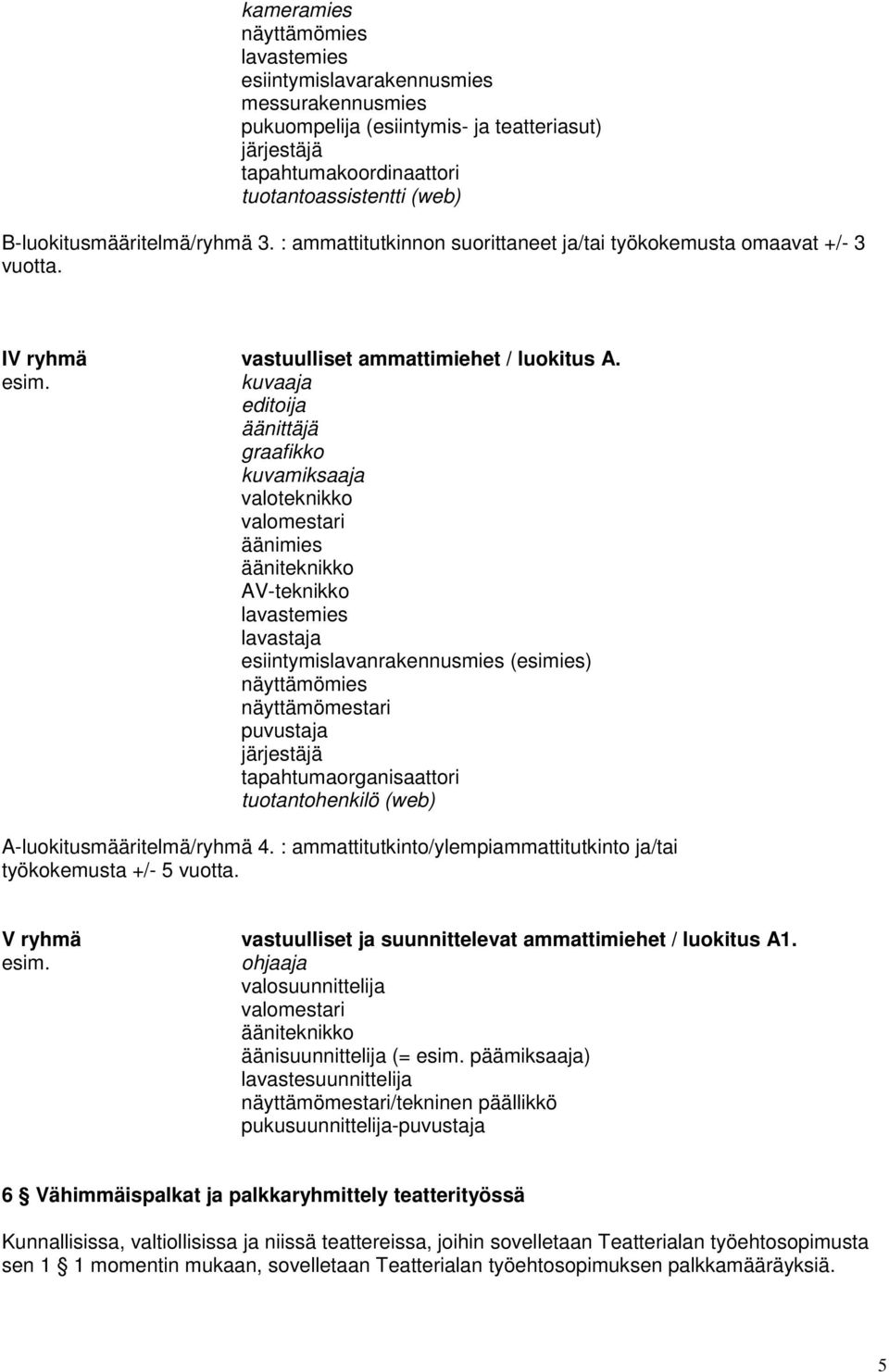 kuvaaja editoija äänittäjä graafikko kuvamiksaaja valoteknikko valomestari äänimies ääniteknikko AV-teknikko lavastemies lavastaja esiintymislavanrakennusmies (esimies) näyttämömies näyttämömestari