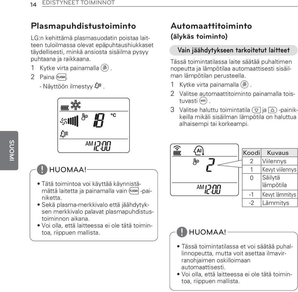 Automaattitoiminto (älykäs toiminto) Vain jäähdytykseen tarkoitetut laitteet Tässä toimintatilassa laite säätää puhaltimen nopeutta ja lämpötilaa automaattisesti sisäilman lämpötilan perusteella.