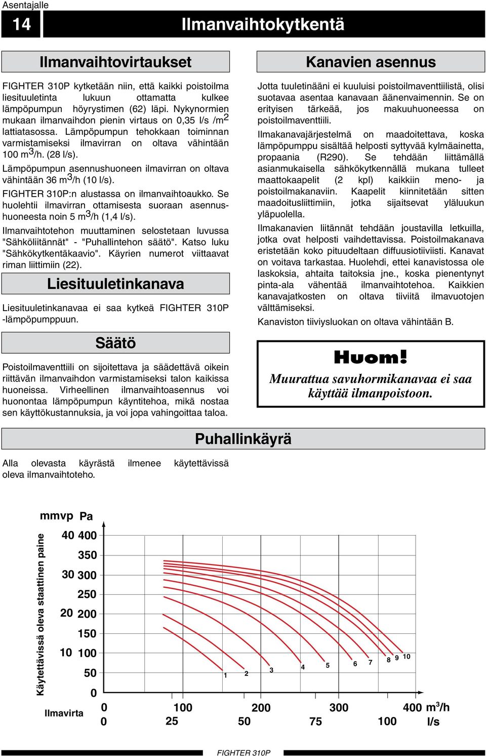 Lämpöpumpun asennushuoneen ilmavirran on oltava vähintään m /h (0 l/s). FIGHTER 0P:n alustassa on ilmanvaihtoaukko. Se huolehtii ilmavirran ottamisesta suoraan asennushuoneesta noin m /h (, l/s).