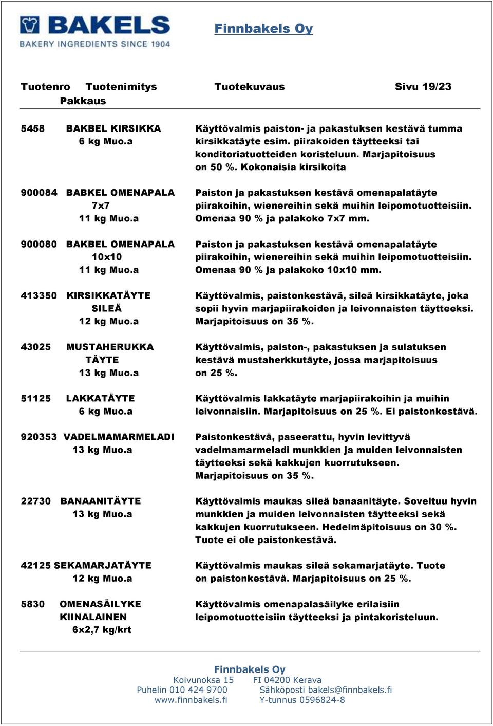 Kokonaisia kirsikoita 900084 BABKEL OMENAPALA Paiston ja pakastuksen kestävä omenapalatäyte 7x7 piirakoihin, wienereihin sekä muihin leipomotuotteisiin. 11 kg Muo.a Omenaa 90 % ja palakoko 7x7 mm.