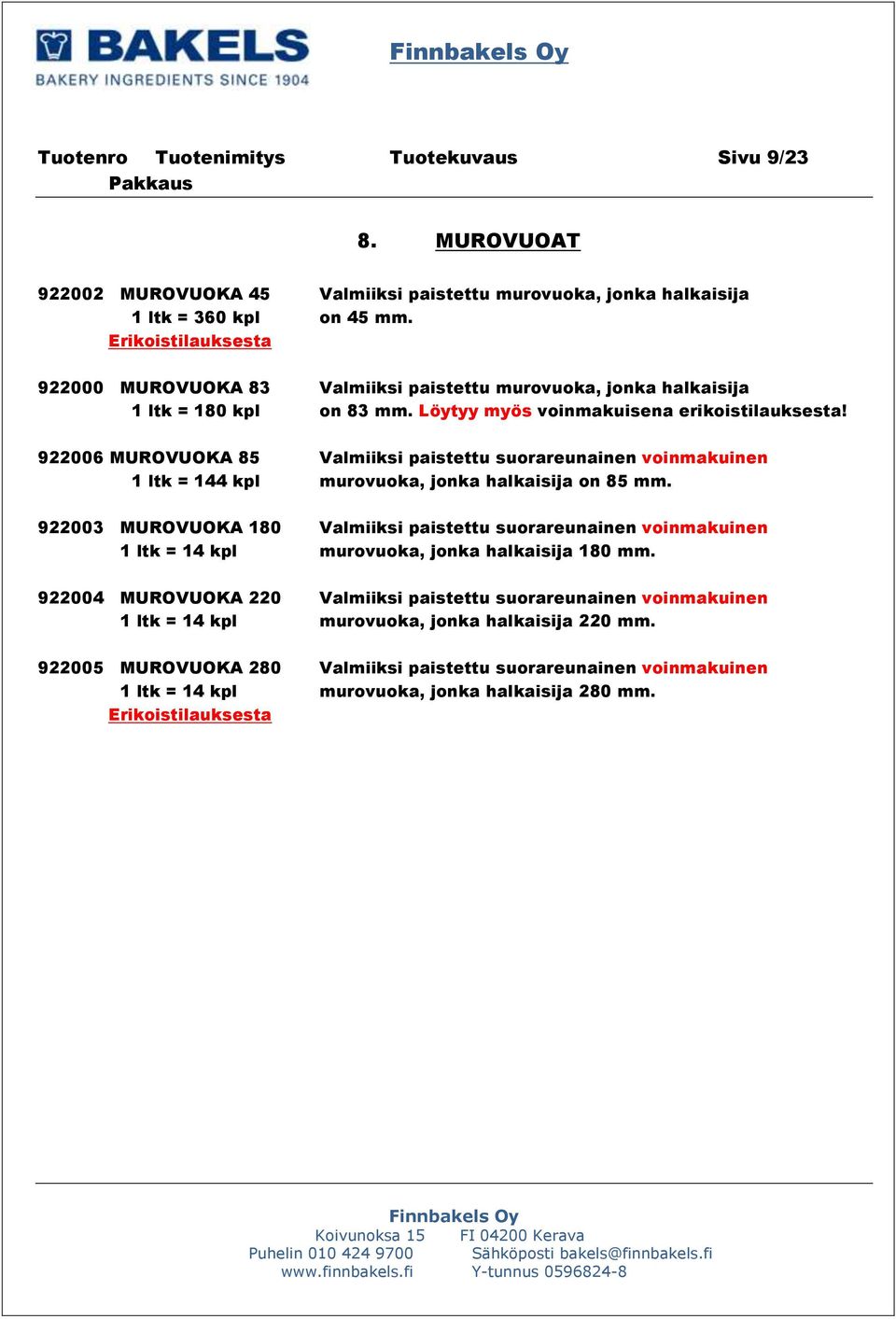 922006 MUROVUOKA 85 Valmiiksi paistettu suorareunainen voinmakuinen 1 ltk = 144 kpl murovuoka, jonka halkaisija on 85 mm.