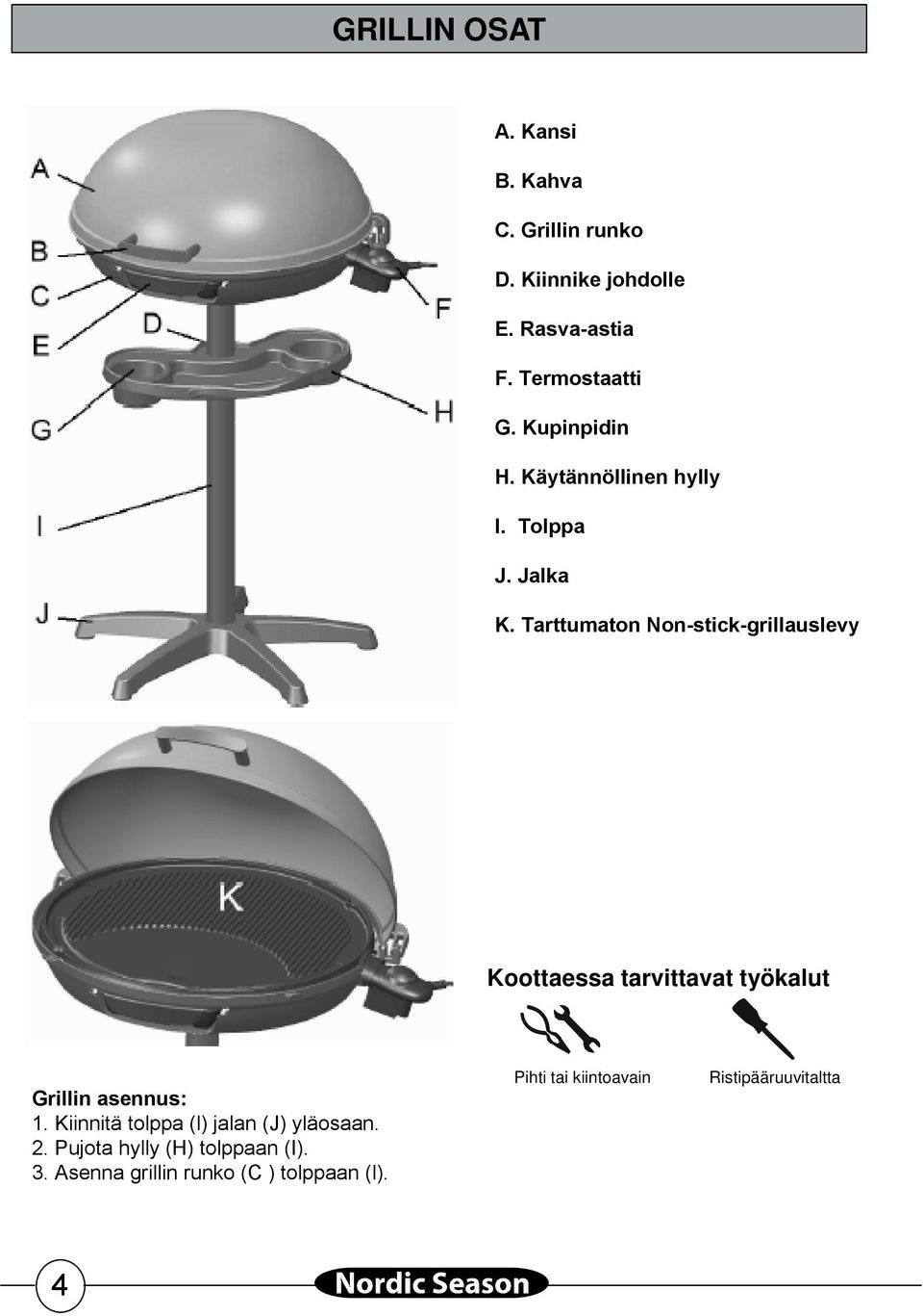 Tarttumaton Non-stick-grillauslevy Koottaessa tarvittavat työkalut Grillin asennus: 1.