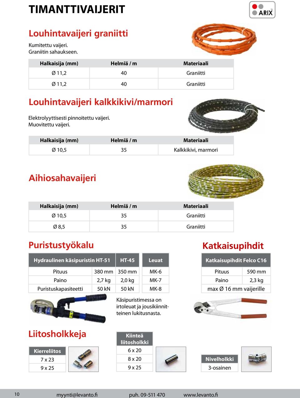 Halkaisija (mm) Helmiä / m Materiaali Ø 10,5 35 Kalkkikivi, marmori Aihiosahavaijeri Halkaisija (mm) Helmiä / m Materiaali Ø 10,5 35 Graniitti Ø 8,5 35 Graniitti Puristustyökalu Katkaisupihdit