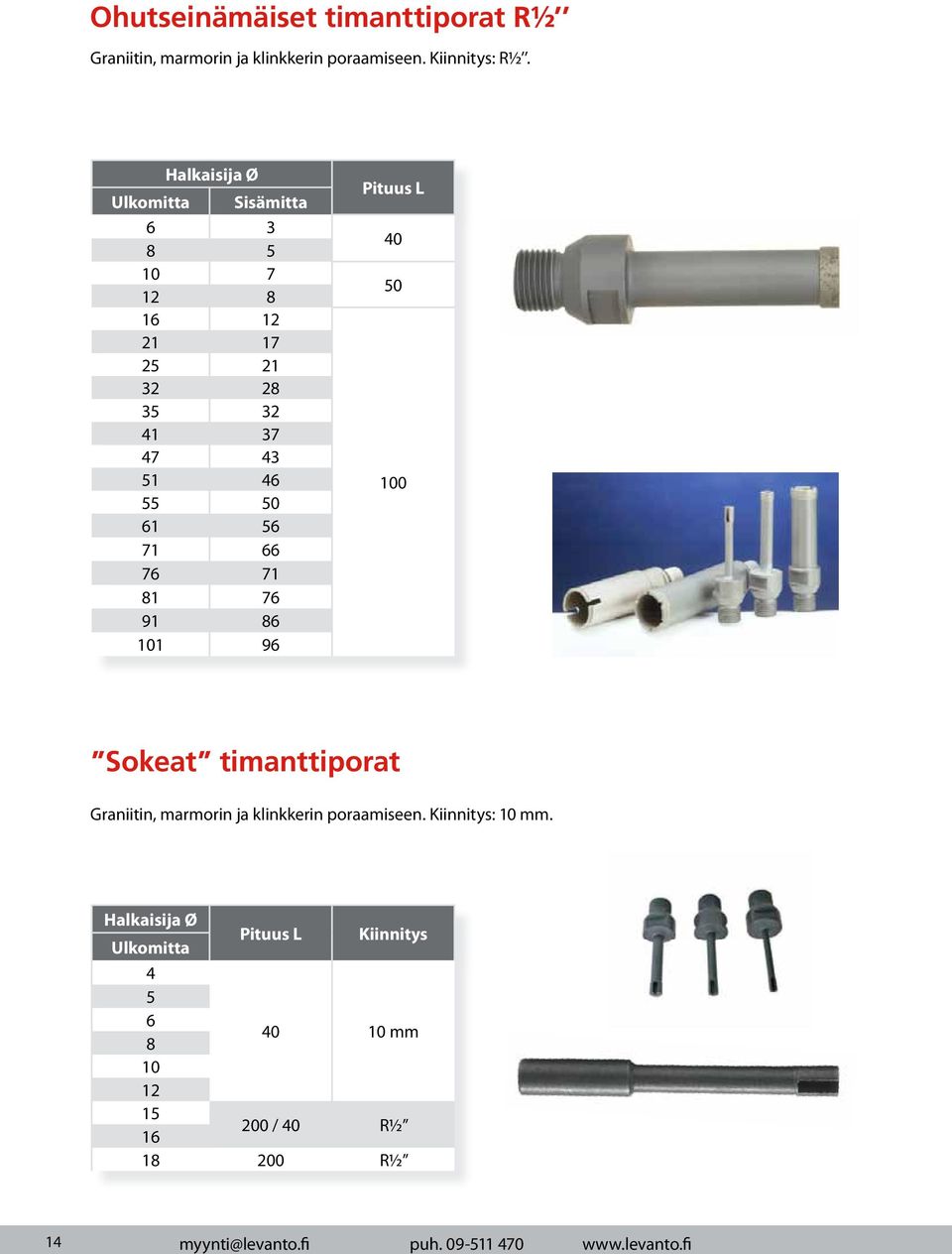 71 81 76 91 86 101 96 Pituus L 40 50 100 Sokeat timanttiporat Graniitin, marmorin ja klinkkerin poraamiseen.