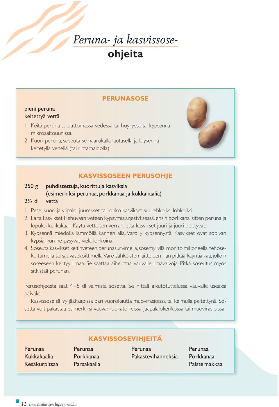 KASVISSOSEEN PERUSOHJE 250 g puhdistettuja, kuorittuja kasviksia (esimerkiksi perunaa, porkkanaa ja kukkakaalia) 2½ dl vettä 1.