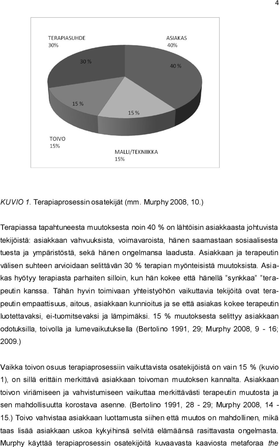 hänen ongelmansa laadusta. Asiakkaan ja terapeutin välisen suhteen arvioidaan selittävän 30 % terapian myönteisistä muutoksista.