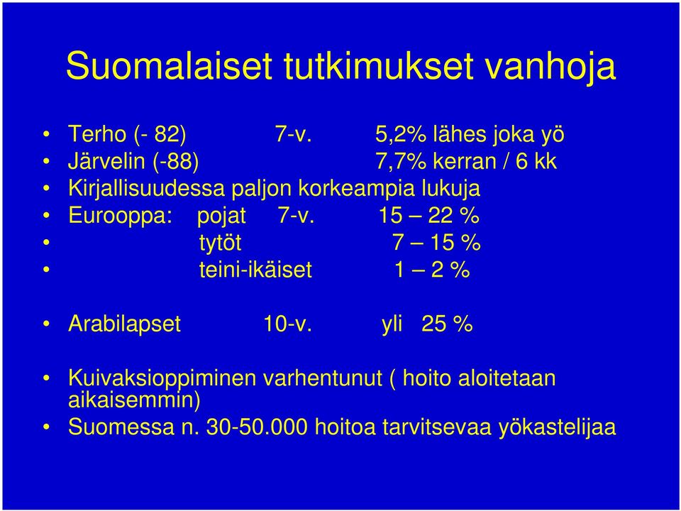 lukuja Eurooppa: pojat 7-v. 15 22 % tytöt 7 15 % teini-ikäiset 1 2 % Arabilapset 10-v.